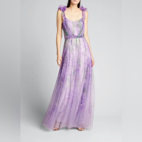 Marchesa Notte Watercolor Printed Tulle Gown - Picture 3 of 9